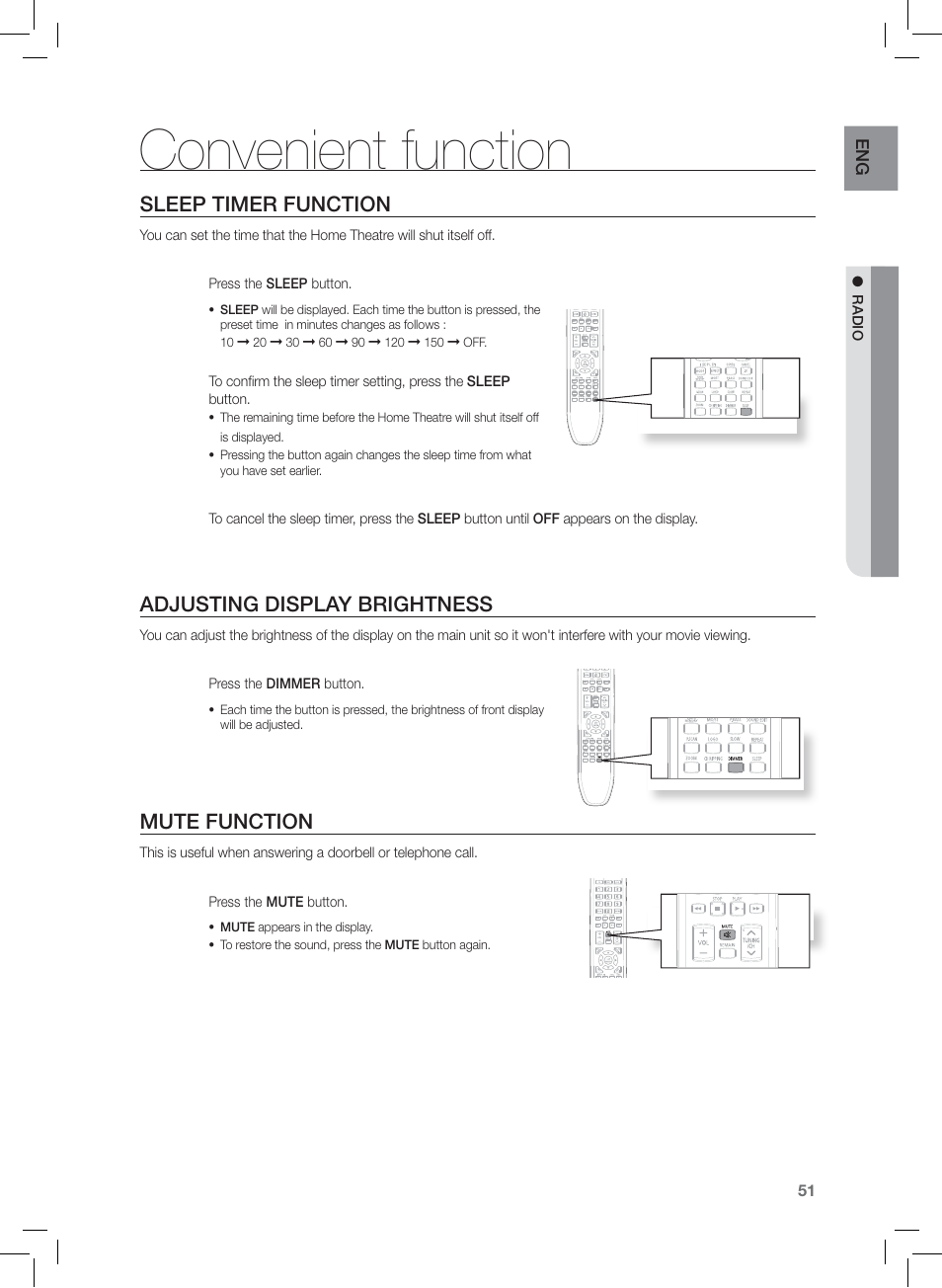 Convenient function, Sleep timer function, Adjusting display brightness | Mute function | Samsung HT-Z120 User Manual | Page 52 / 61