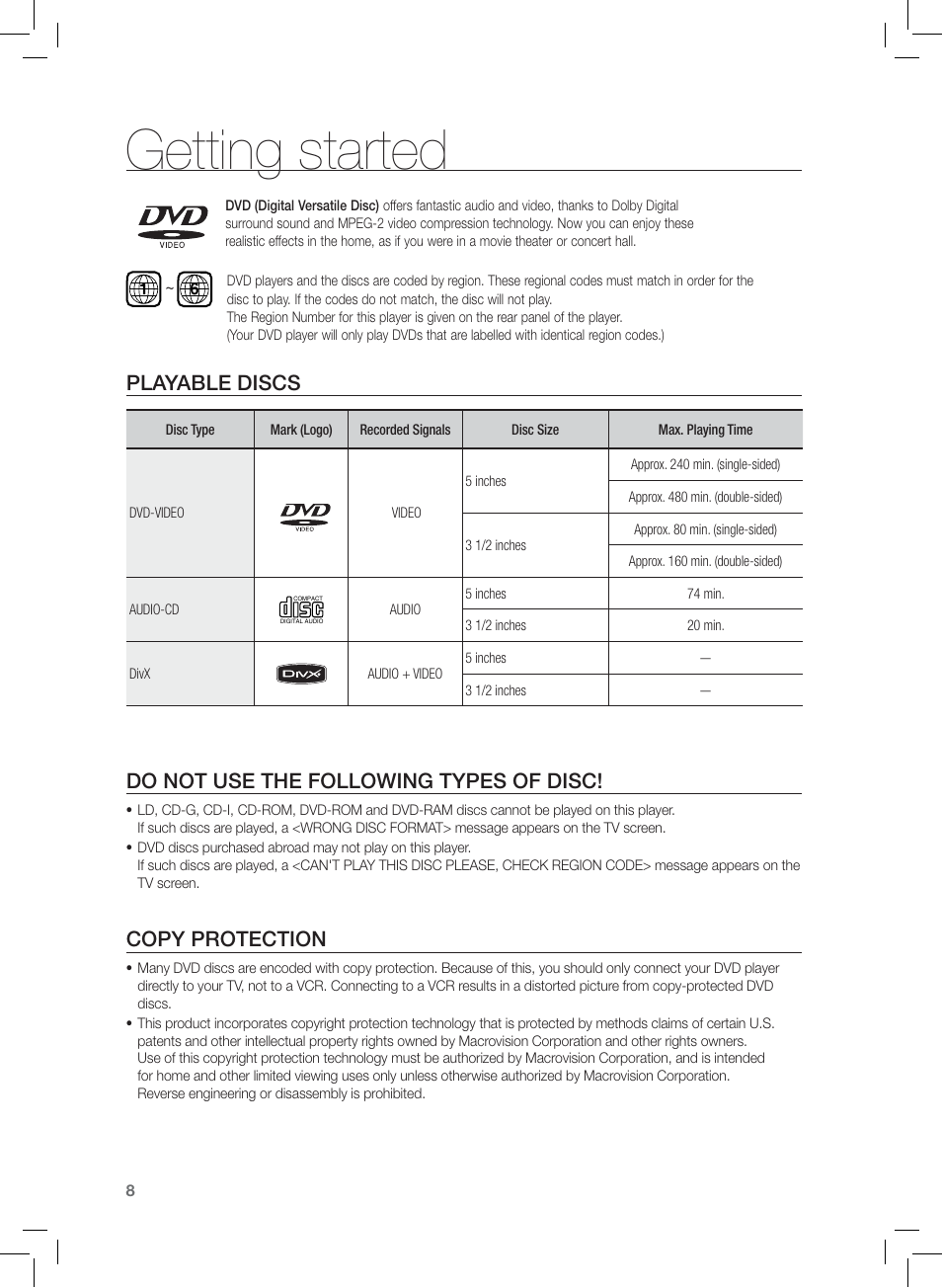 Getting started, Playable discs, Do not use the following types of disc | Copy protection | Samsung HT-Z120 User Manual | Page 9 / 61