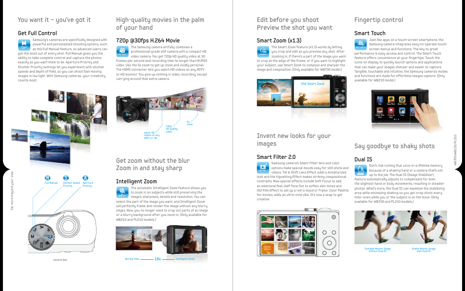 You want it – you’ve got it, High-quality movies in the palm of your hand, Get zoom without the blur zoom in and stay sharp | Edit before you shoot preview the shot you want, Invent new looks for your images, Fingertip control, Say goodbye to shaky shots, Get full control, Intelligent zoom, Smart zoom (x1.3) | Samsung WB210 User Manual | Page 5 / 8
