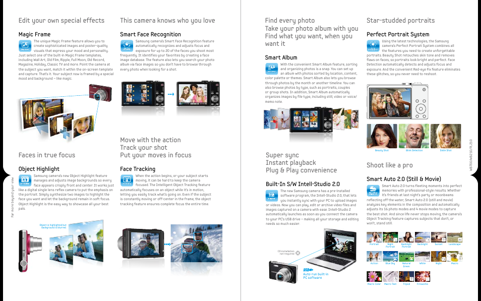 Faces in true focus, This camera knows who you love, Star-studded portraits | Shoot like a pro, Edit your own special effects, Object highlight, Smart face recognition, Smart album, Perfect portrait system, Smart auto 2.0 (still & movie) | Samsung WB210 User Manual | Page 6 / 8