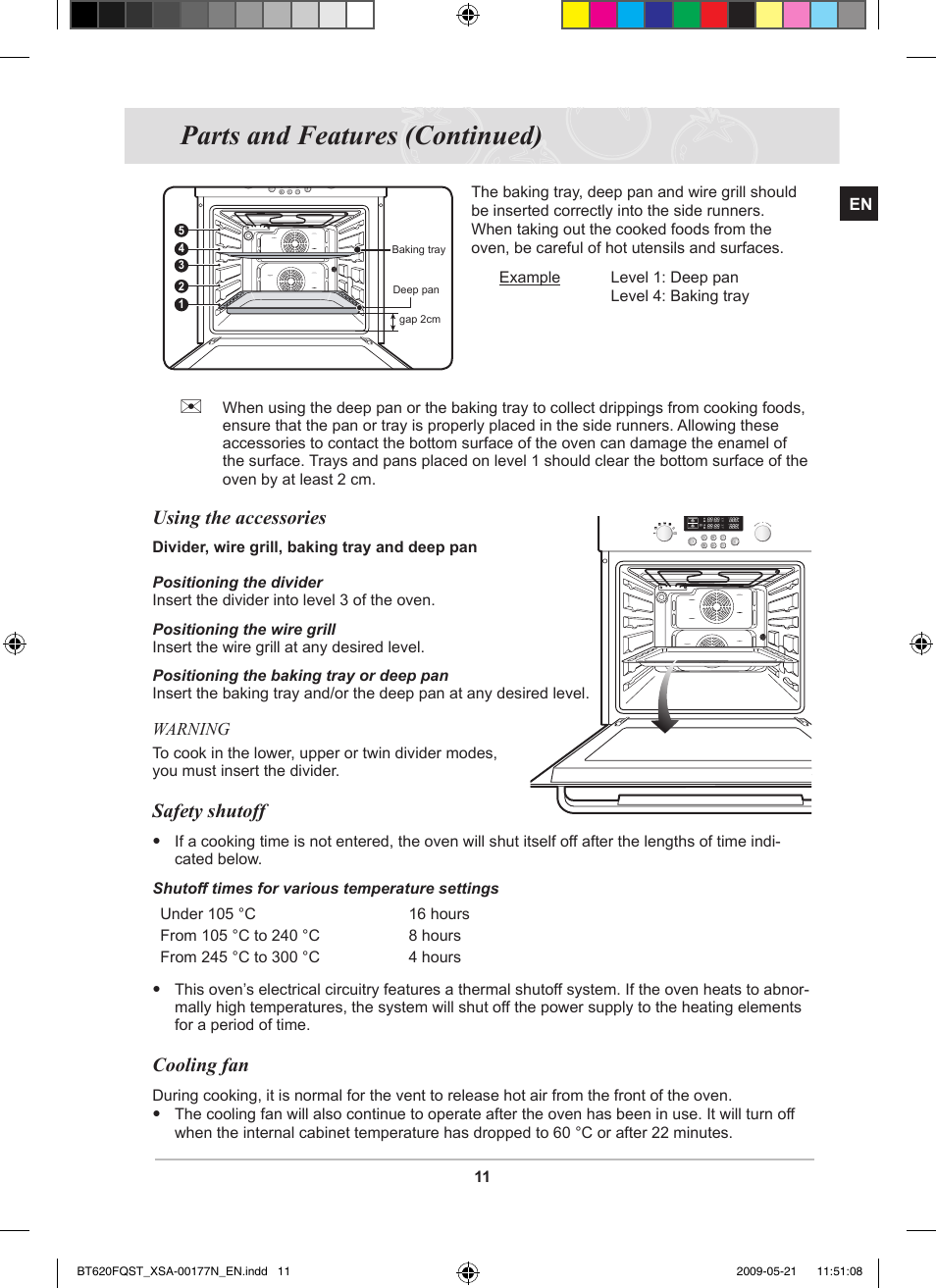 Parts and features (continued), Using the accessories, Safety shutoff | Cooling fan | Samsung BT62FQFST User Manual | Page 13 / 52