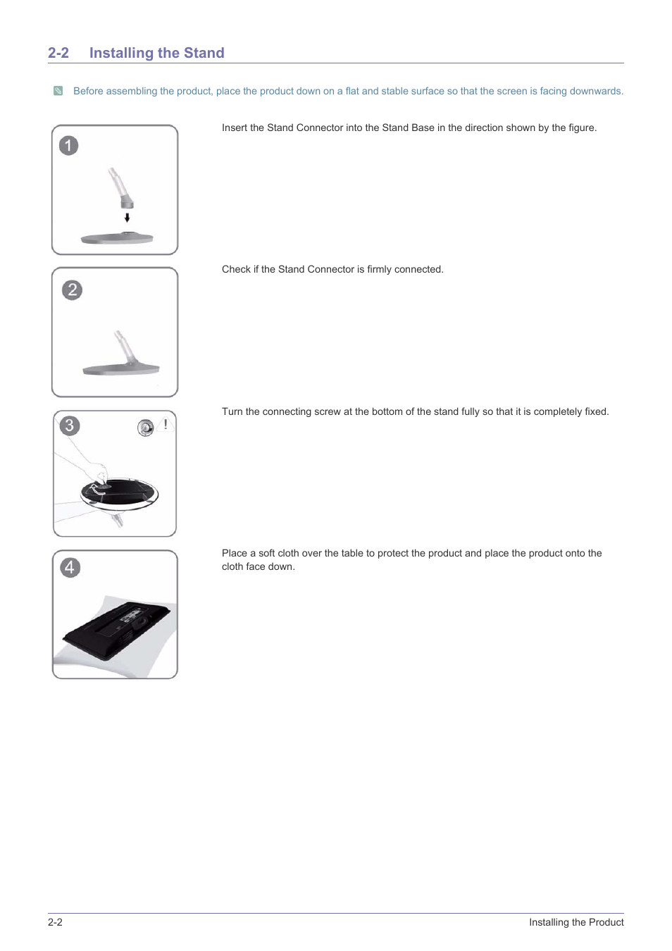 2 installing the stand, Installing the stand -2 | Samsung SyncMaster XL2270HD User Manual | Page 12 / 68