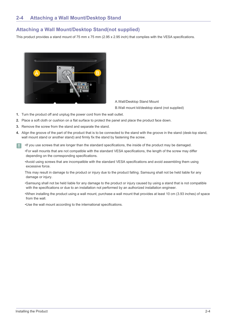 4 attaching a wall mount/desktop stand, Attaching a wall mount/desktop stand -4 | Samsung SyncMaster XL2270HD User Manual | Page 15 / 68