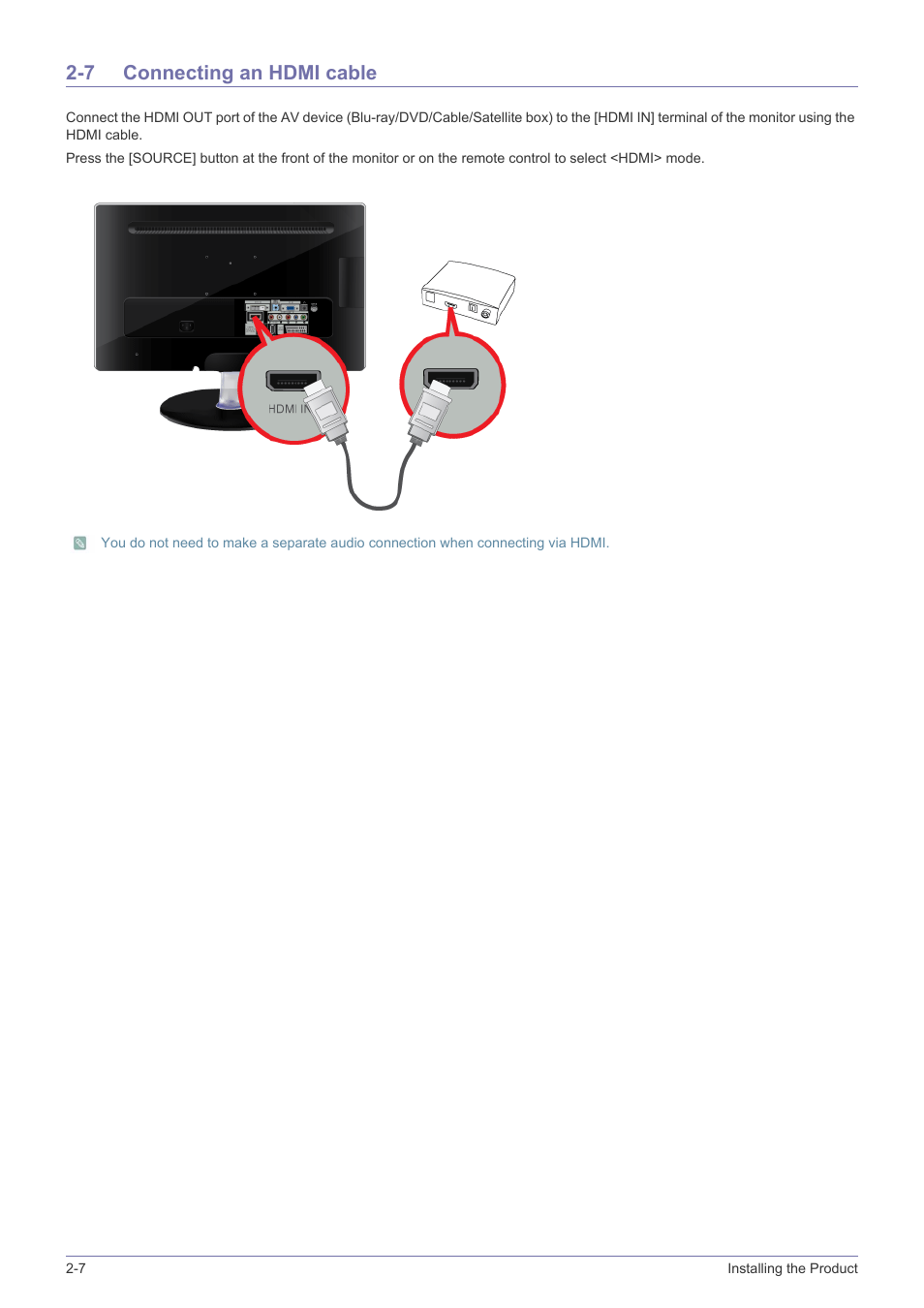 7 connecting an hdmi cable, Connecting an hdmi cable -7 | Samsung SyncMaster XL2270HD User Manual | Page 20 / 68