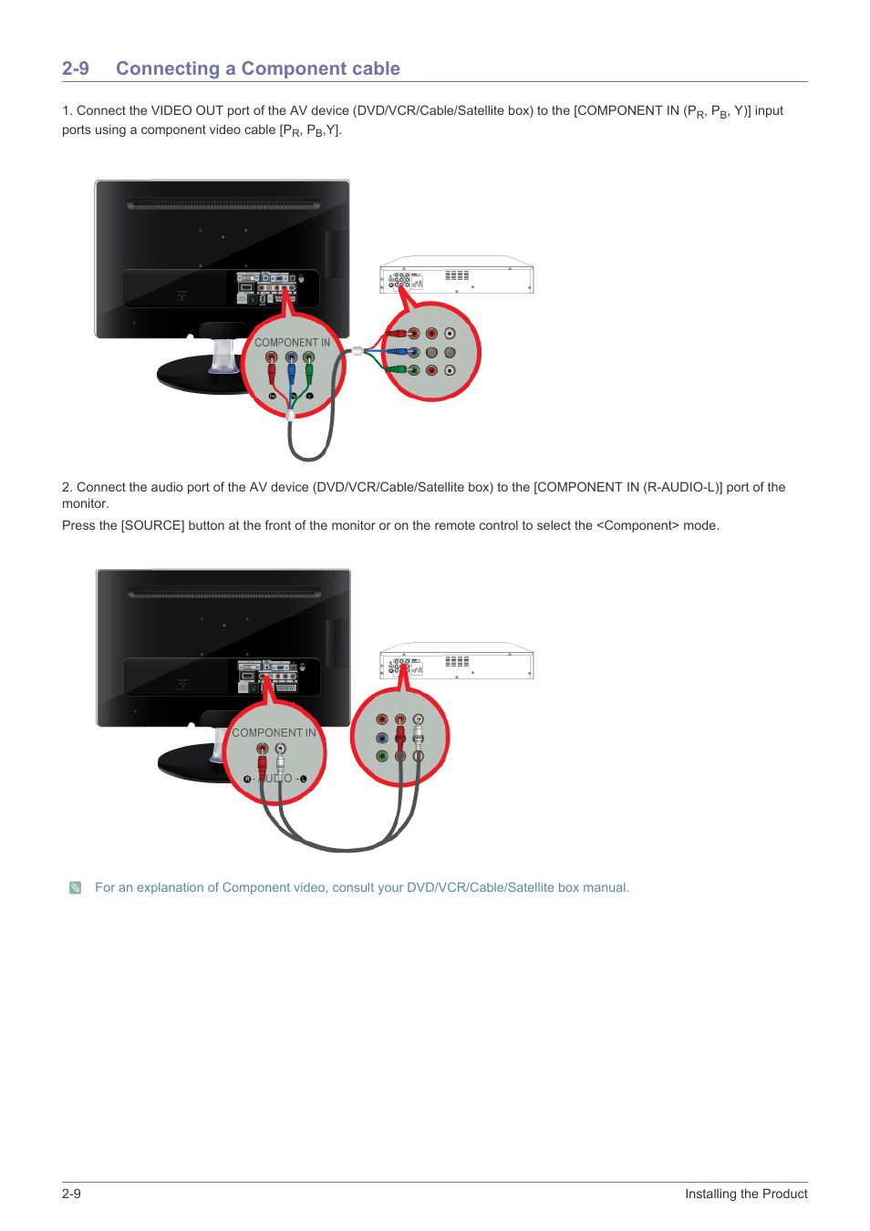 9 connecting a component cable, Connecting a component cable -9 | Samsung SyncMaster XL2270HD User Manual | Page 22 / 68