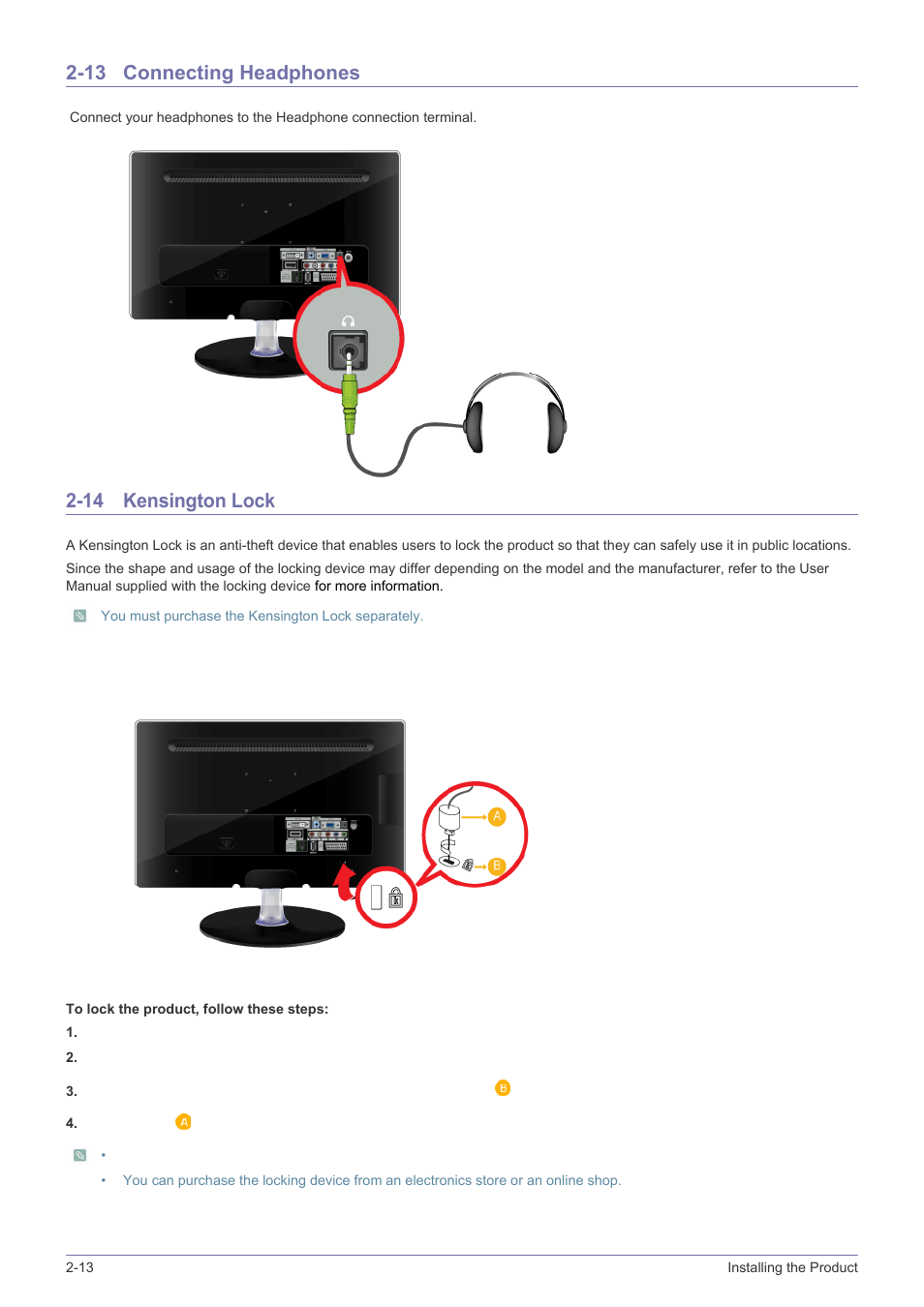 13 connecting headphones, 14 kensington lock, Connecting headphones -13 kensington lock -14 | Samsung SyncMaster XL2270HD User Manual | Page 26 / 68