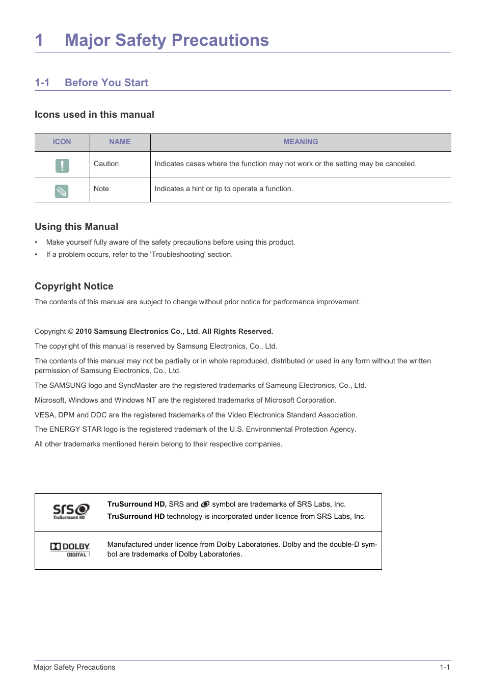 1 major safety precautions, 1 before you start, Major safety precautions | Before you start -1, 1major safety precautions | Samsung SyncMaster XL2270HD User Manual | Page 3 / 68