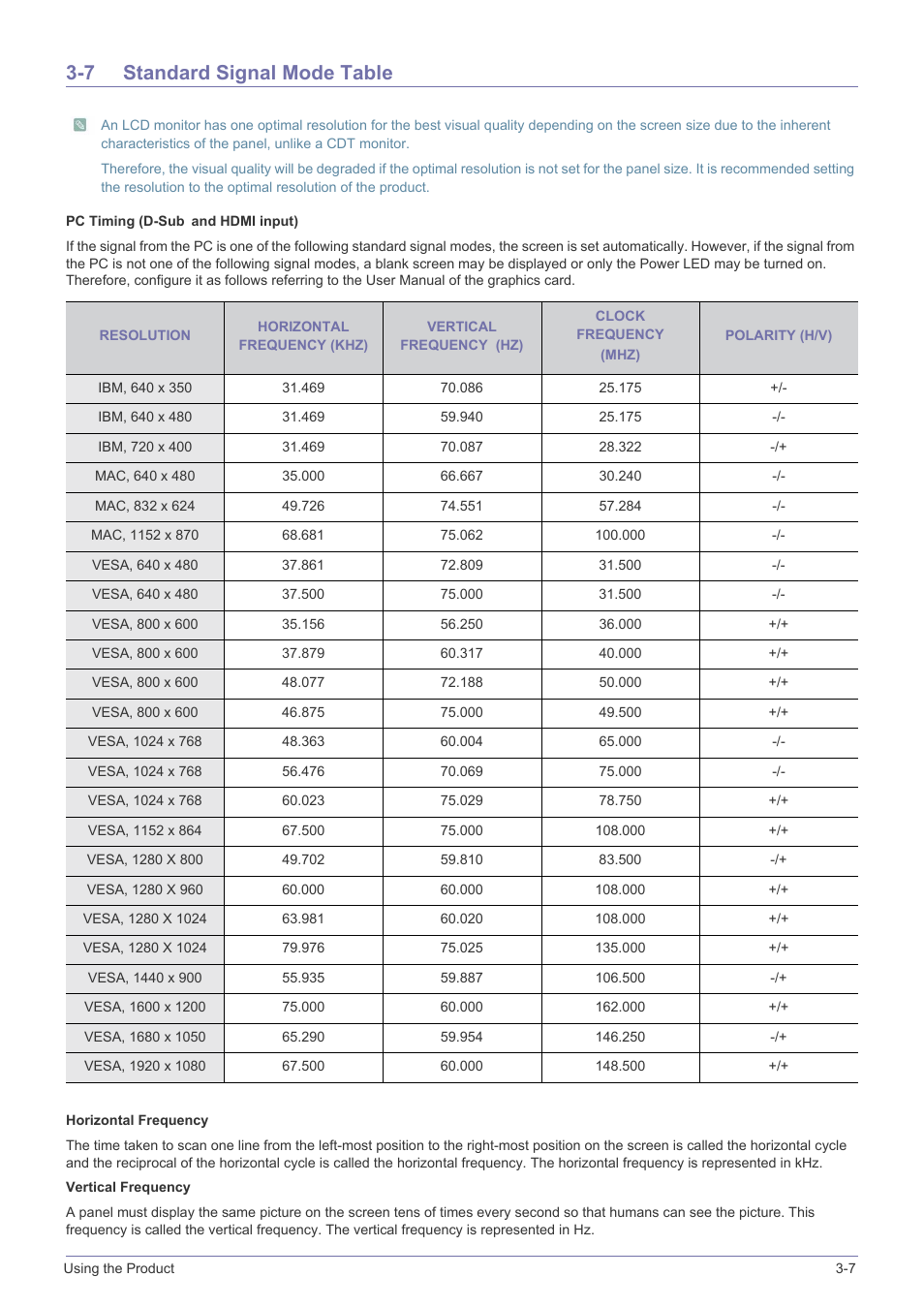 7 standard signal mode table, Standard signal mode table -7 | Samsung SyncMaster XL2270HD User Manual | Page 57 / 68