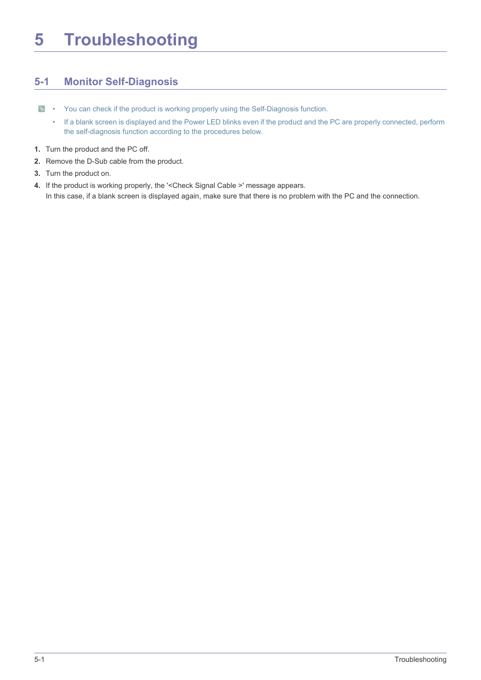 5 troubleshooting, 1 monitor self-diagnosis, Troubleshooting | Monitor self-diagnosis -1, 5troubleshooting | Samsung SyncMaster XL2270HD User Manual | Page 60 / 68