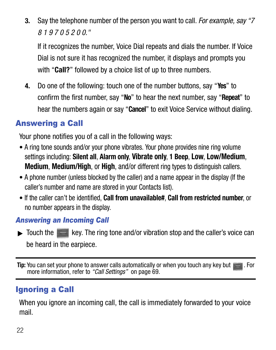 Answering a call, Ignoring a call, Answering a call ignoring a call | Samsung Finesse SCH-R810C User Manual | Page 26 / 80