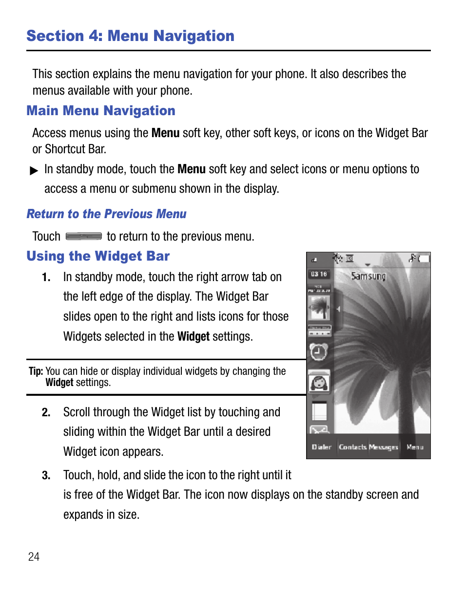 Section 4: menu navigation, Main menu navigation, Using the widget bar | Main menu navigation using the widget bar | Samsung Finesse SCH-R810C User Manual | Page 28 / 80