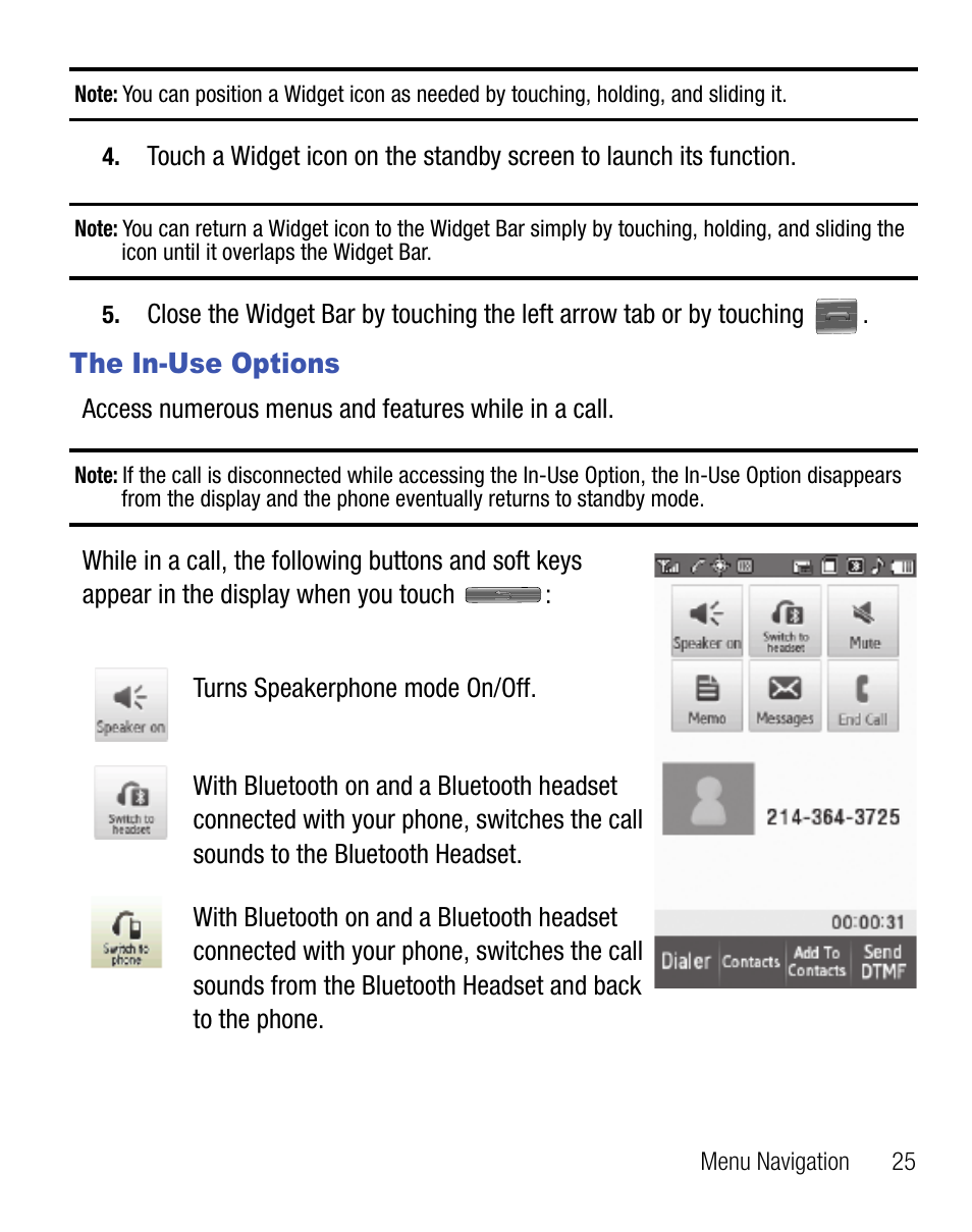 The in-use options | Samsung Finesse SCH-R810C User Manual | Page 29 / 80