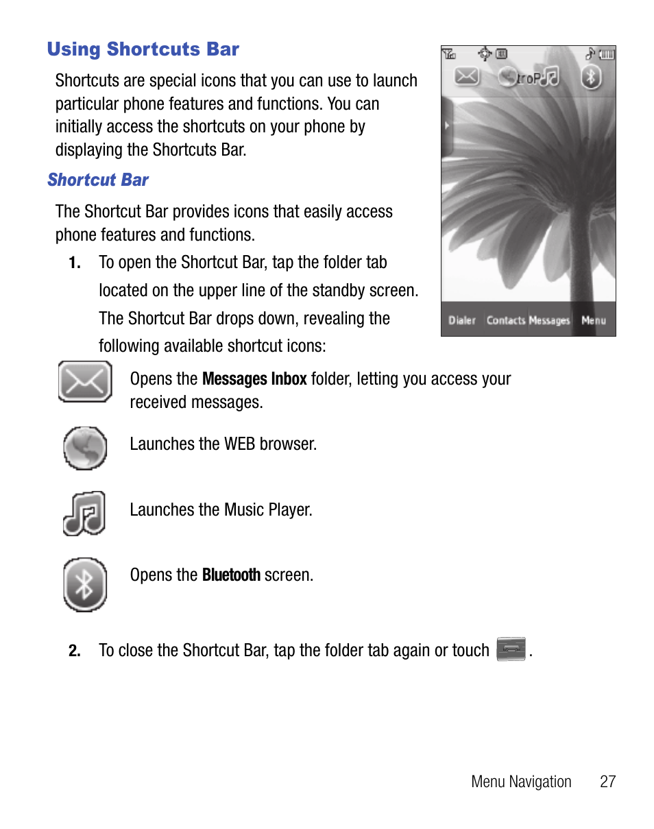 Using shortcuts bar | Samsung Finesse SCH-R810C User Manual | Page 31 / 80