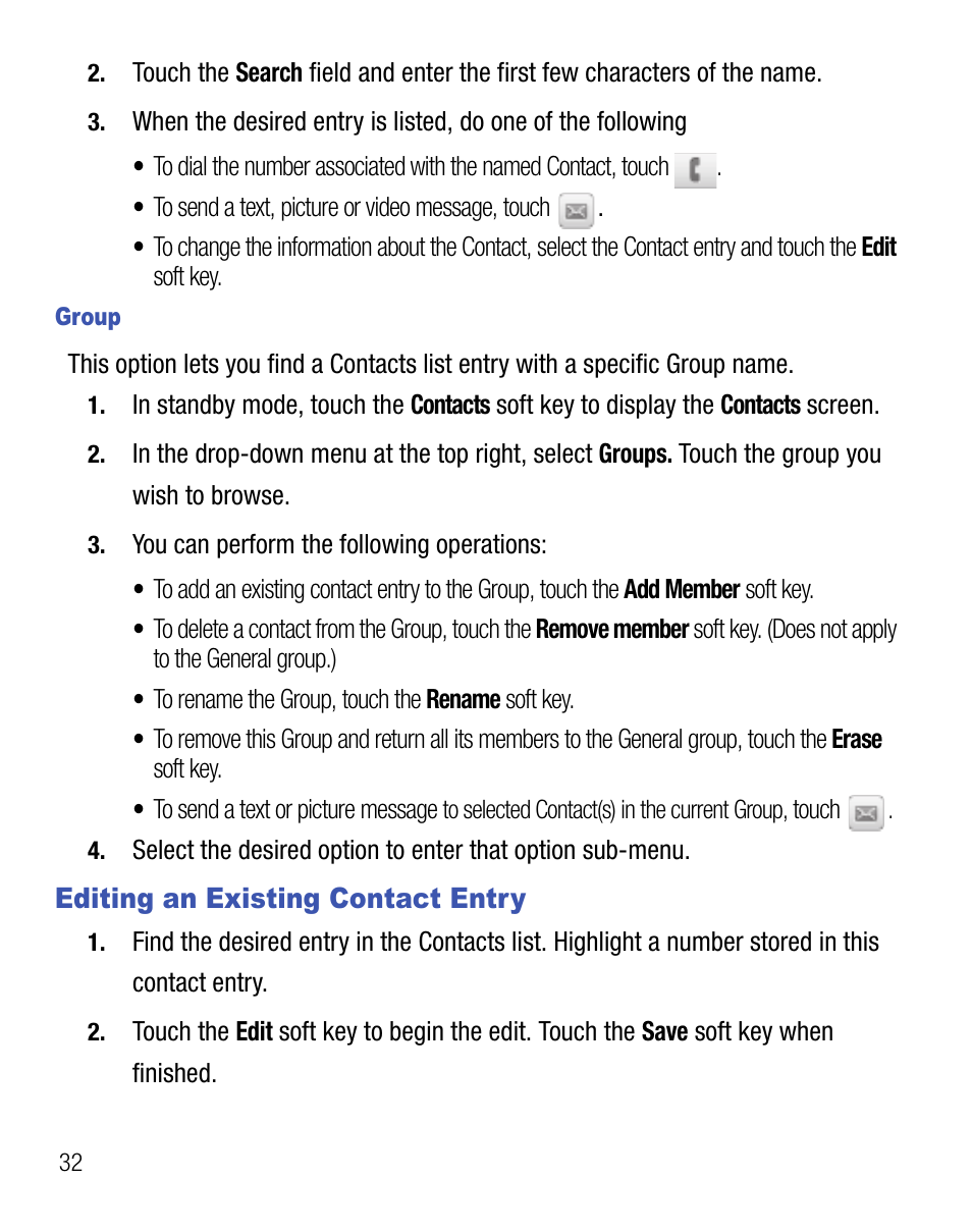 Editing an existing contact entry | Samsung Finesse SCH-R810C User Manual | Page 36 / 80