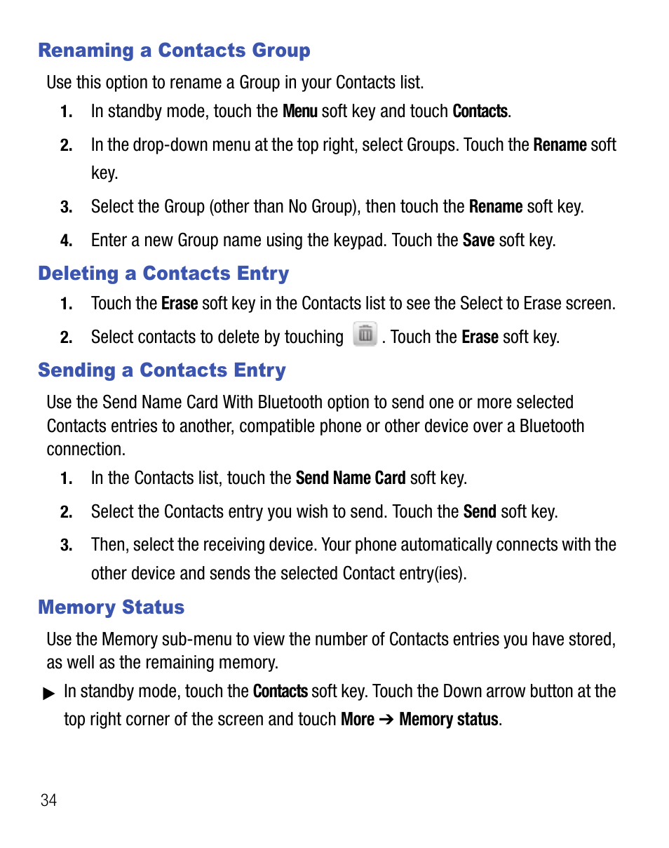 Renaming a contacts group, Deleting a contacts entry, Sending a contacts entry | Memory status | Samsung Finesse SCH-R810C User Manual | Page 38 / 80