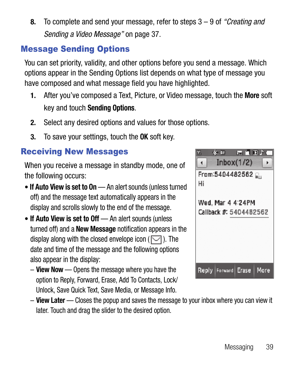 Message sending options, Receiving new messages, Message sending options receiving new messages | Samsung Finesse SCH-R810C User Manual | Page 43 / 80