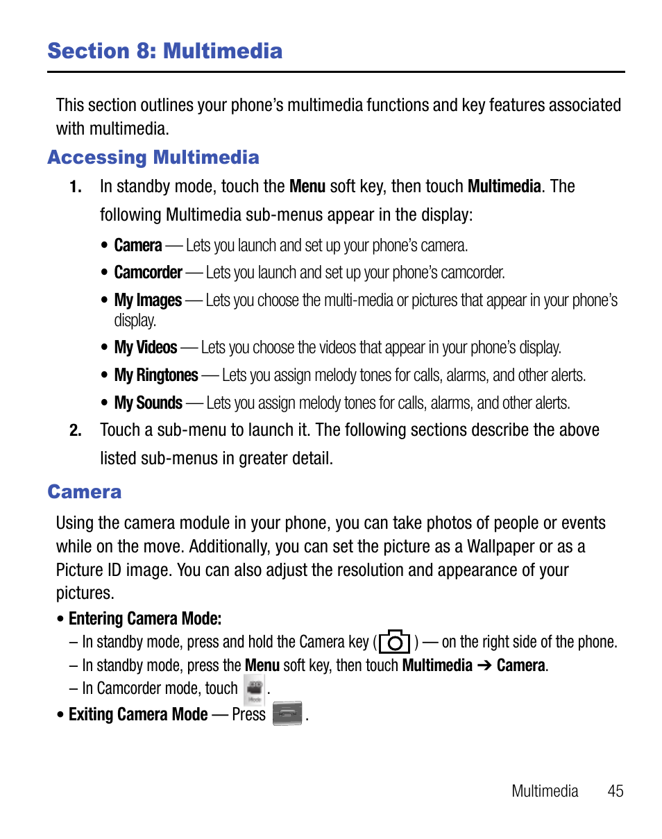 Section 8: multimedia, Accessing multimedia, Camera | Accessing multimedia camera | Samsung Finesse SCH-R810C User Manual | Page 49 / 80