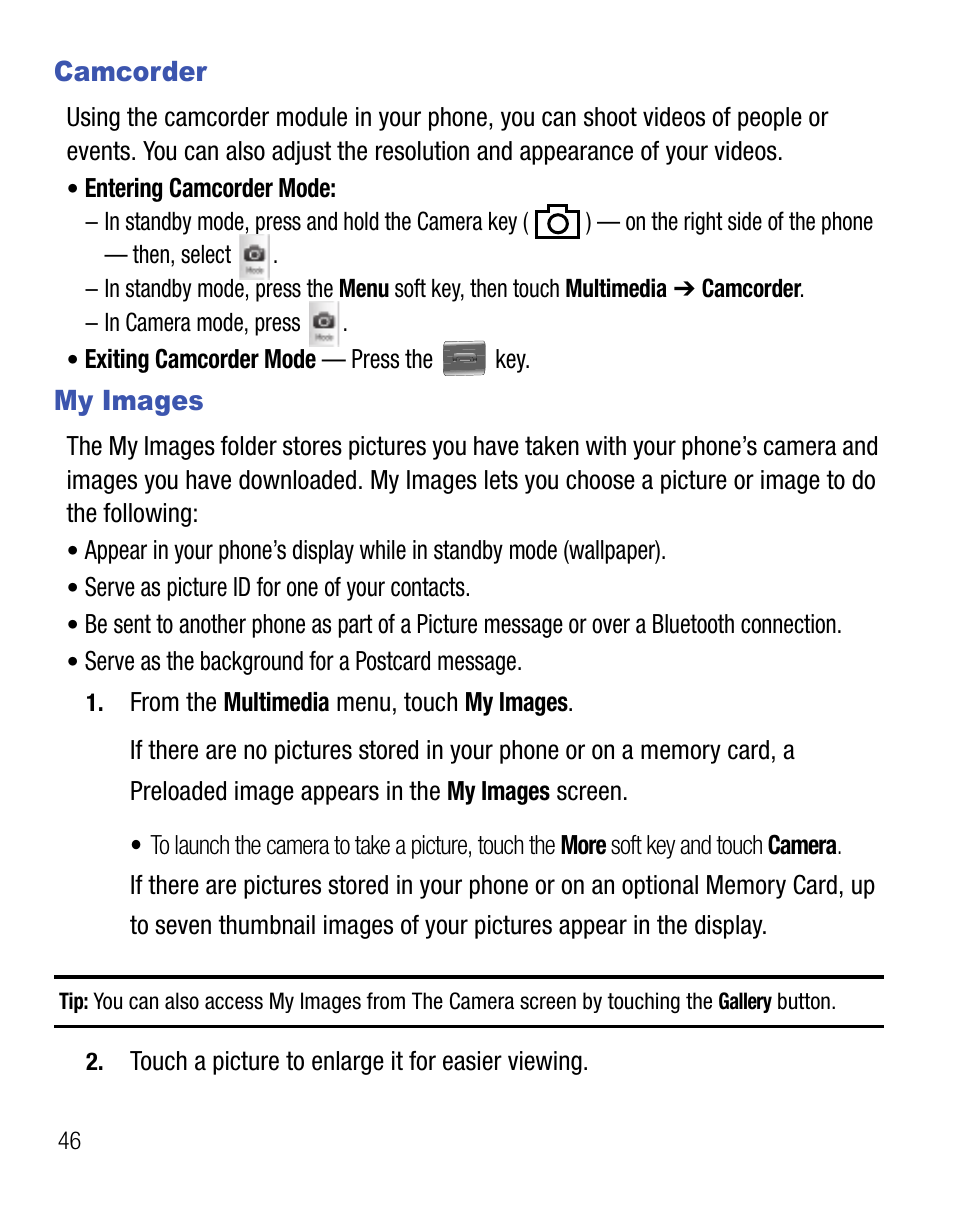 Camcorder, My images, Camcorder my images | Samsung Finesse SCH-R810C User Manual | Page 50 / 80