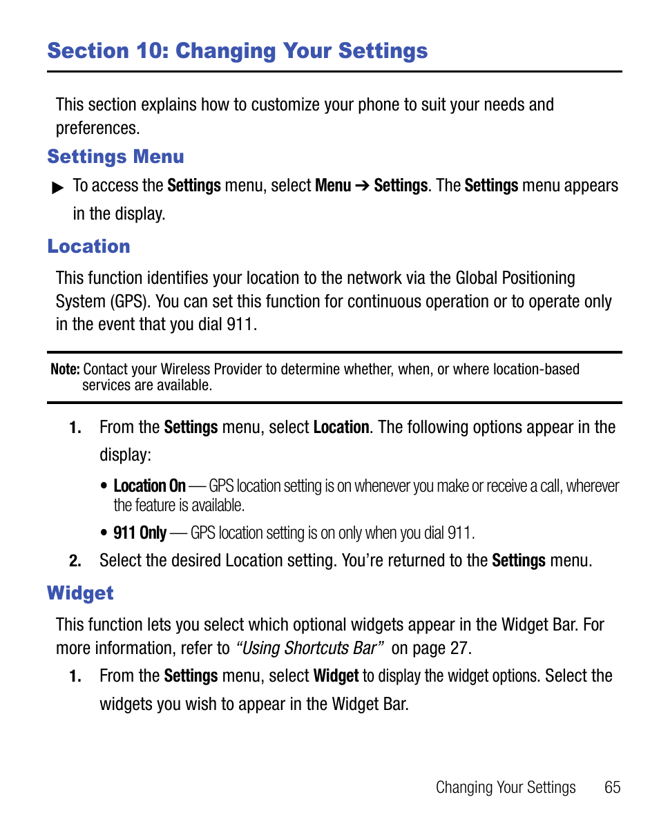 Section 10: changing your settings, Settings menu, Location | Widget, Settings menu location widget | Samsung Finesse SCH-R810C User Manual | Page 69 / 80