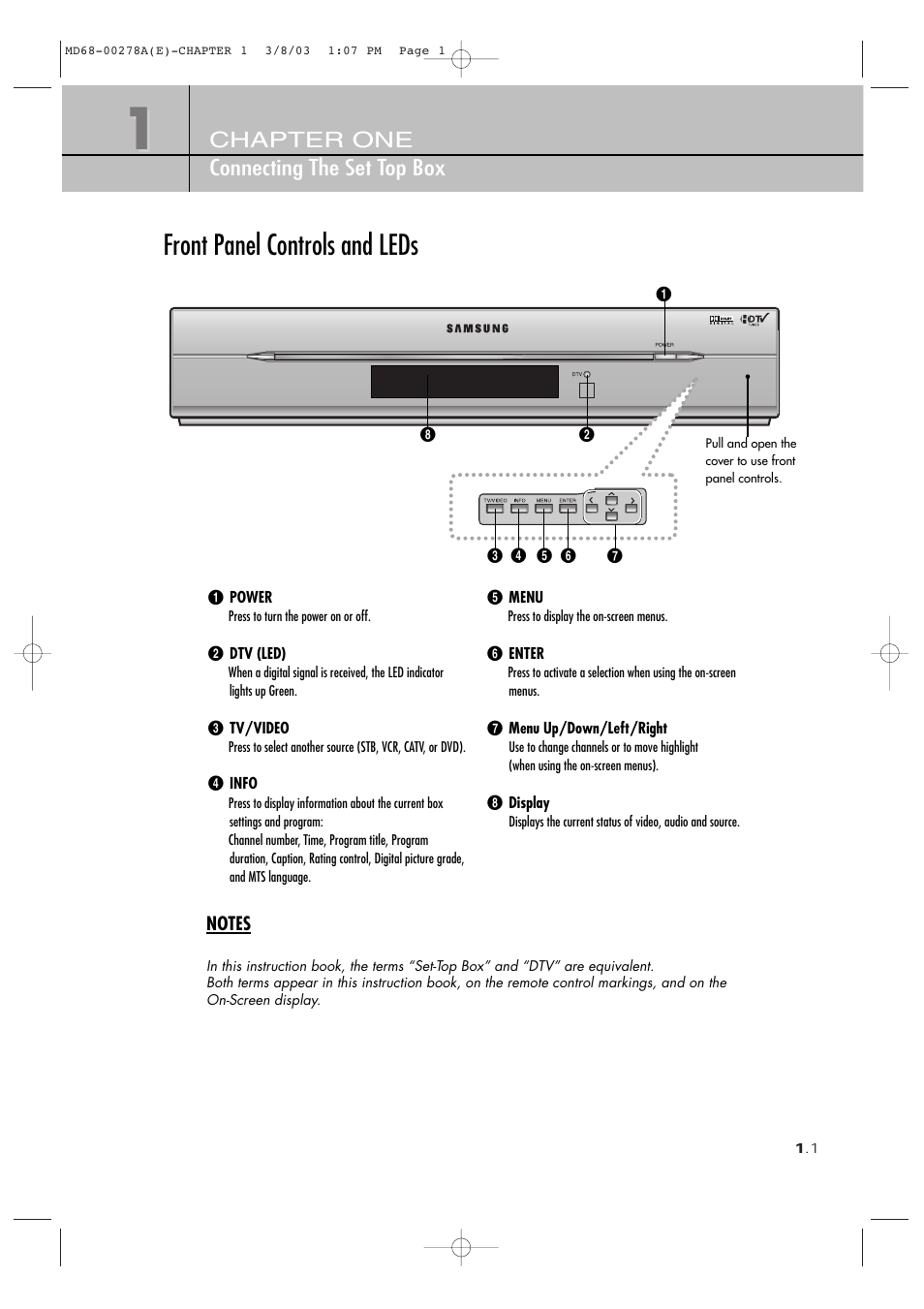 Front panel controls and leds, Chapter one connecting the set top box | Samsung SIR-T165 User Manual | Page 11 / 63