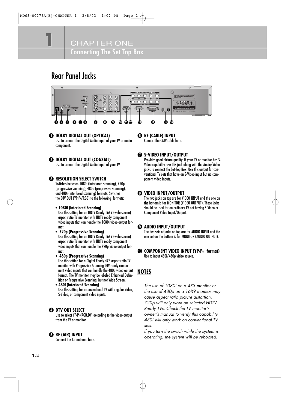 Rear panel jacks, Chapter one connecting the set top box | Samsung SIR-T165 User Manual | Page 12 / 63