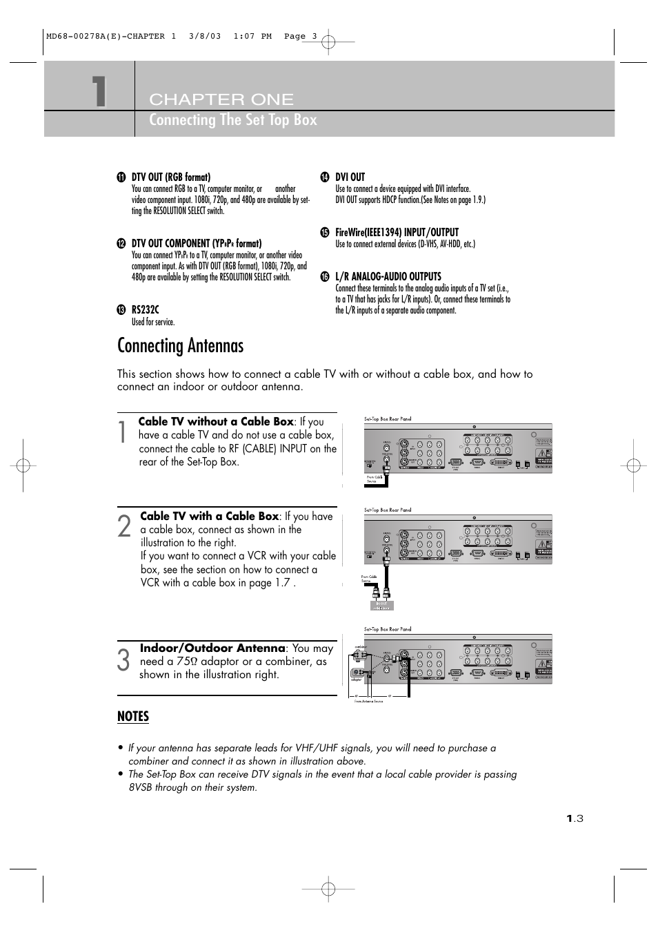 Connecting antennas, Chapter one connecting the set top box | Samsung SIR-T165 User Manual | Page 13 / 63