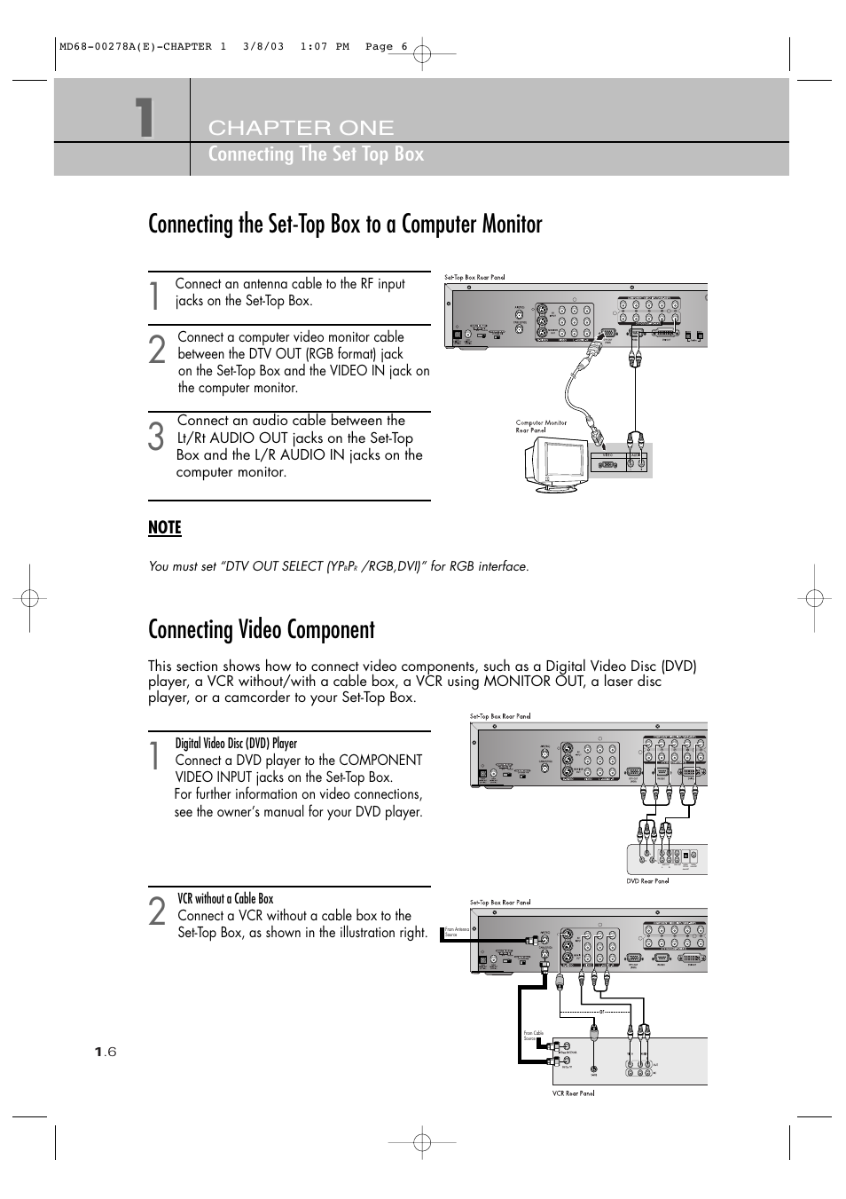 Connecting the set-top box to a computer monitor, Connecting video component, Chapter one connecting the set top box | Samsung SIR-T165 User Manual | Page 16 / 63