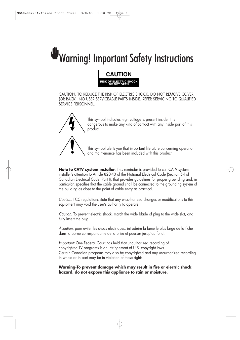 Warning! important safety instructions, Caution | Samsung SIR-T165 User Manual | Page 2 / 63