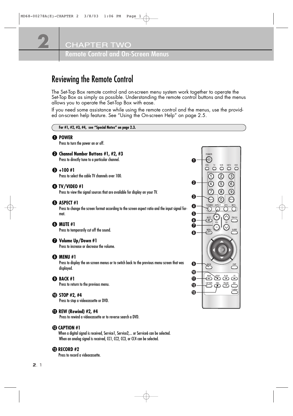 Reviewing the remote control, Chapter two remote control and on-screen menus | Samsung SIR-T165 User Manual | Page 22 / 63