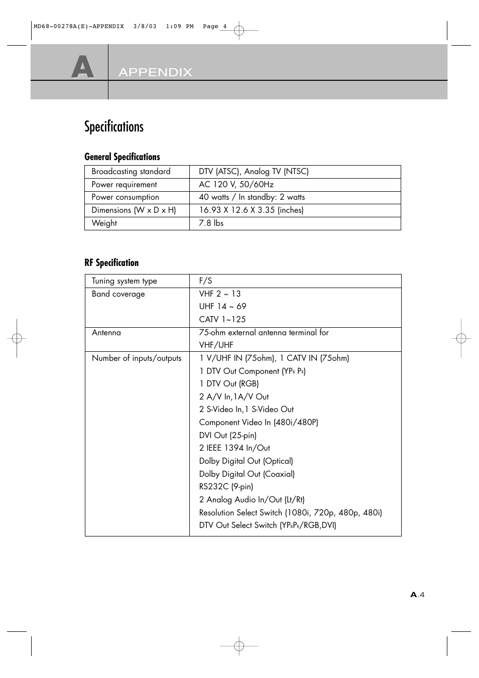 Specifications, Appendix | Samsung SIR-T165 User Manual | Page 61 / 63