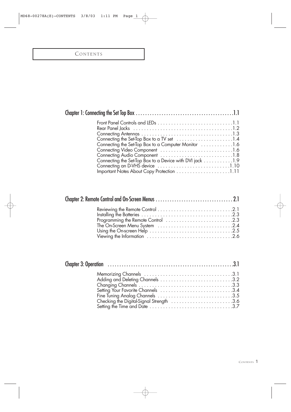 Chapter 1: connecting the set top box, Chapter 2: remote control and on-screen menus, Chapter 3: operation | Samsung SIR-T165 User Manual | Page 9 / 63