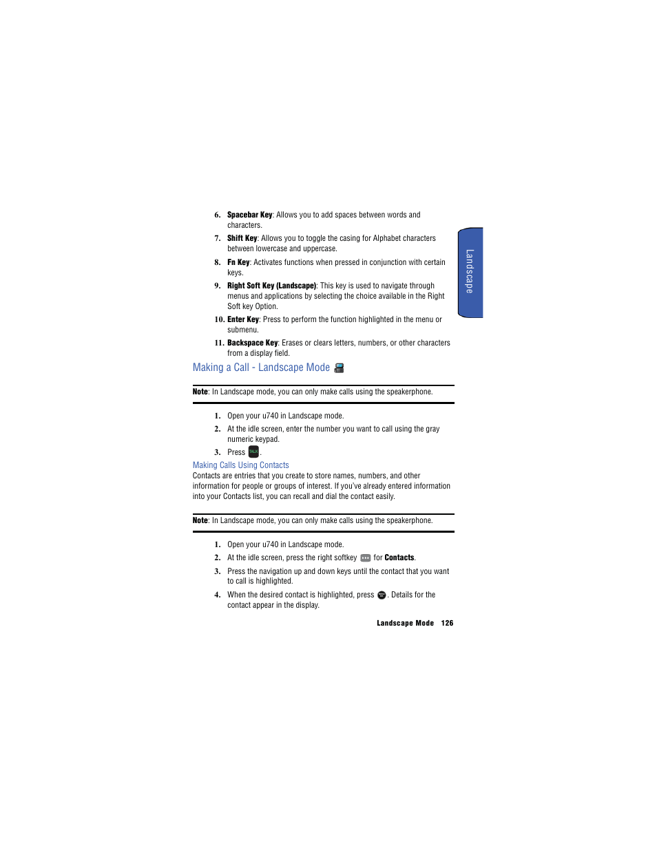 Making a call - landscape mode | Samsung SH-u740 User Manual | Page 133 / 154