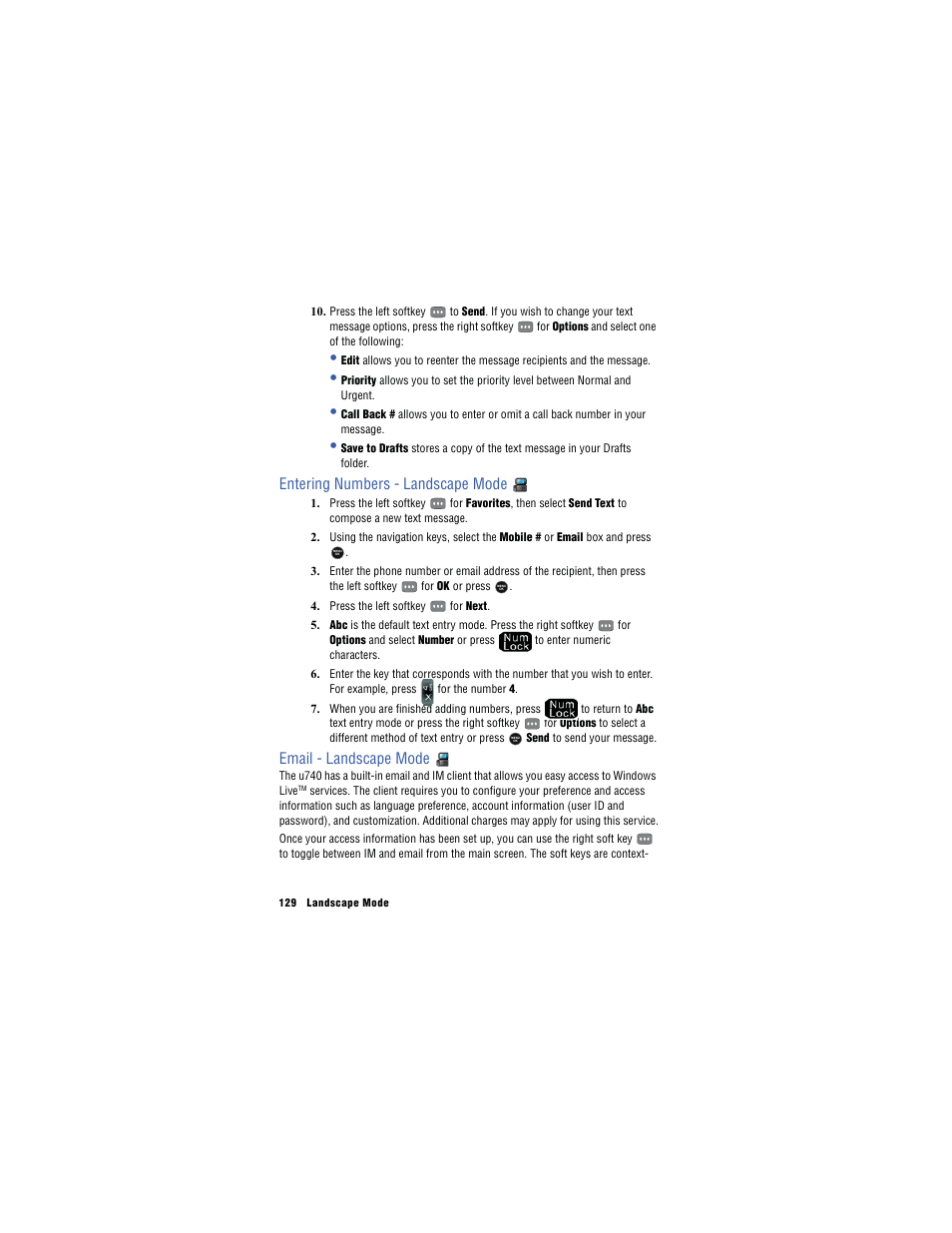 Entering numbers - landscape mode, Email - landscape mode | Samsung SH-u740 User Manual | Page 136 / 154