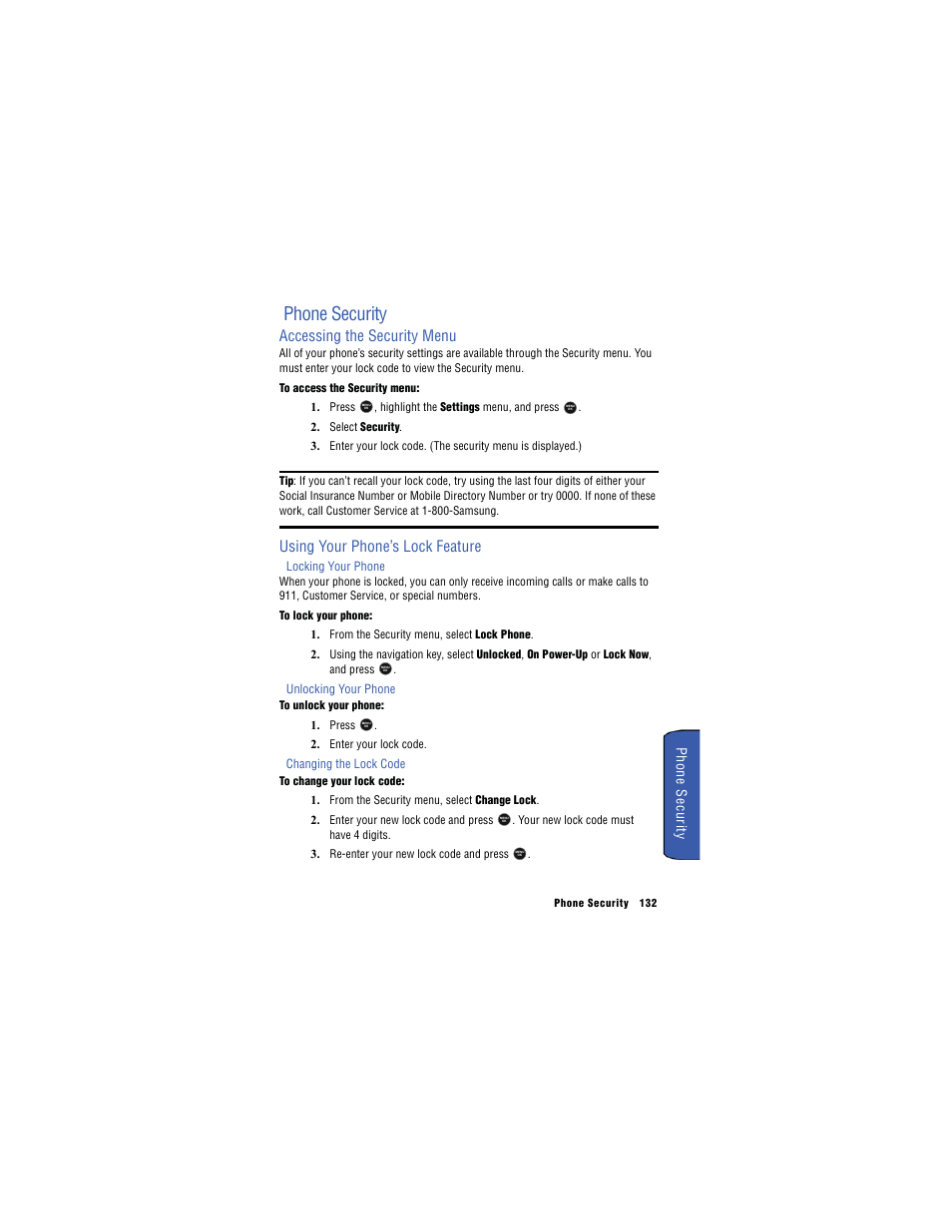 Phone security, Accessing the security menu, Using your phone’s lock feature | Phone s ecurity | Samsung SH-u740 User Manual | Page 139 / 154
