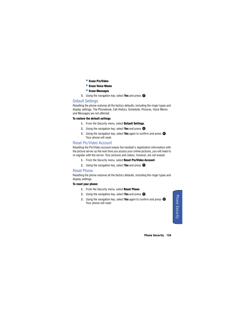 Default settings, Reset pic/video account, Reset phone | Phone s ecurity | Samsung SH-u740 User Manual | Page 141 / 154
