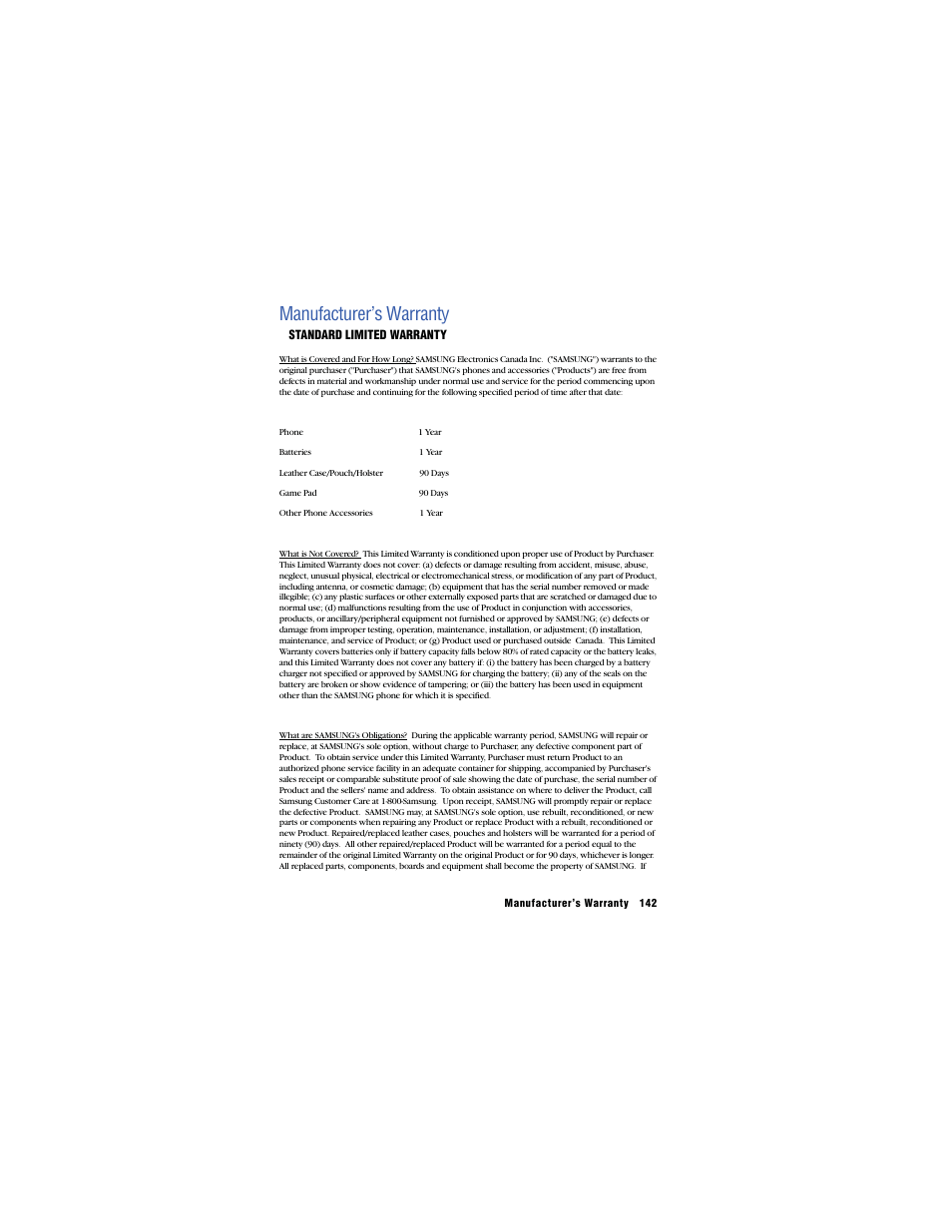 Manufacturer’s warranty | Samsung SH-u740 User Manual | Page 149 / 154