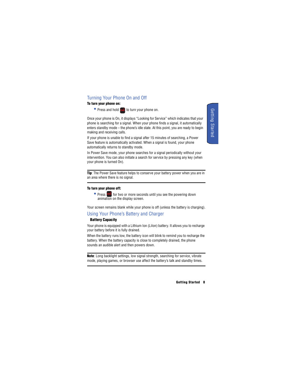 Turning your phone on and off, Using your phone’s battery and charger | Samsung SH-u740 User Manual | Page 15 / 154