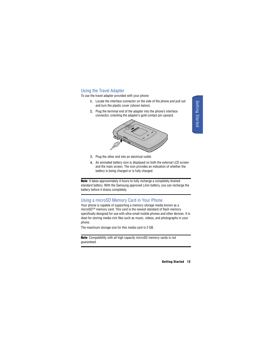 Using the travel adapter | Samsung SH-u740 User Manual | Page 19 / 154