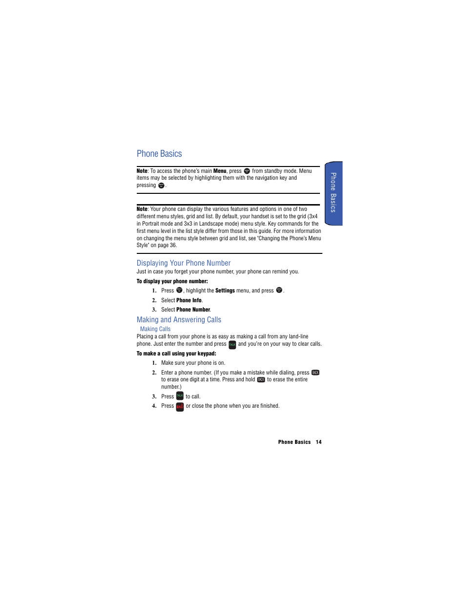Phone basics, Displaying your phone number, Making and answering calls | Phone ba sics | Samsung SH-u740 User Manual | Page 21 / 154
