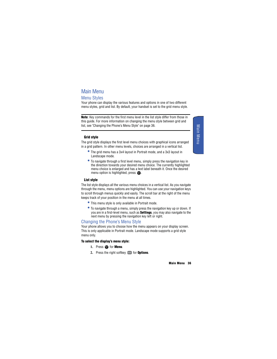 Main menu, Menu styles, Changing the phone’s menu style | Samsung SH-u740 User Manual | Page 43 / 154