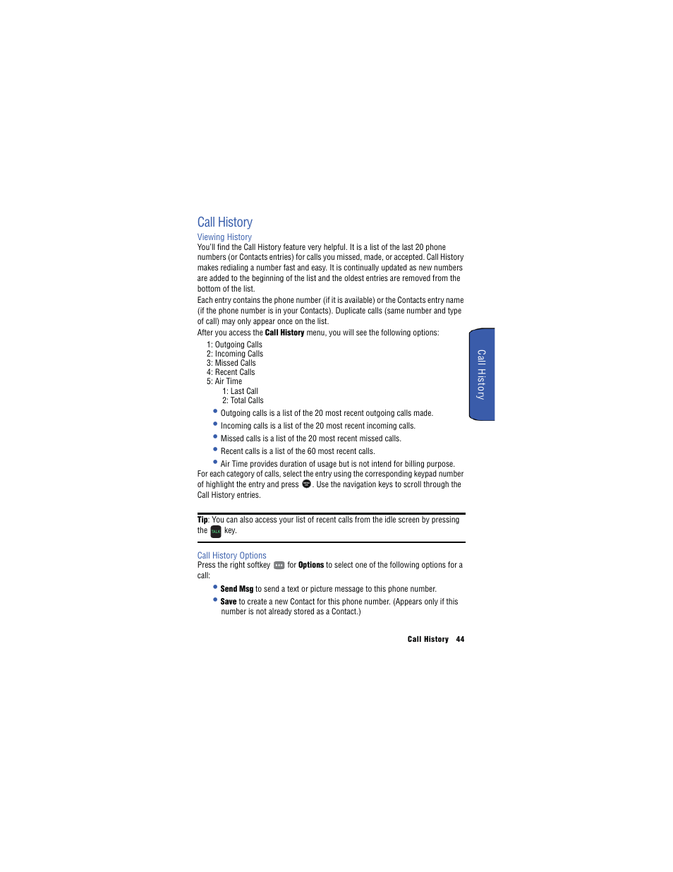 Call history | Samsung SH-u740 User Manual | Page 51 / 154