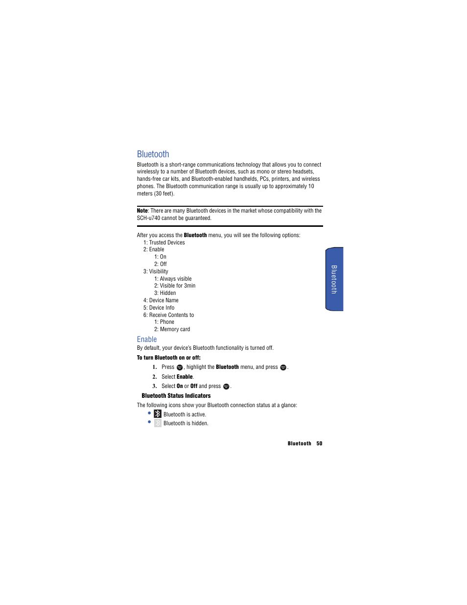 Enable, Bluetooth | Samsung SH-u740 User Manual | Page 57 / 154