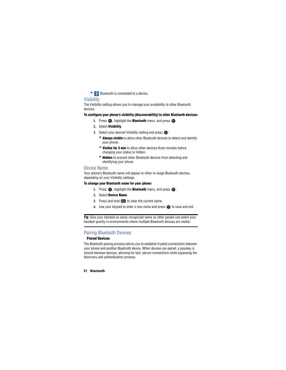 Visibility, Device name, Pairing bluetooth devices | Samsung SH-u740 User Manual | Page 58 / 154