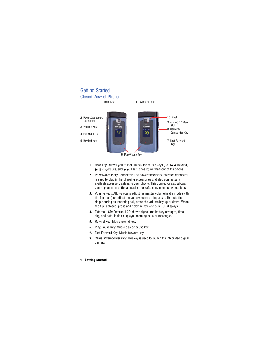 Getting started, Closed view of phone | Samsung SH-u740 User Manual | Page 8 / 154
