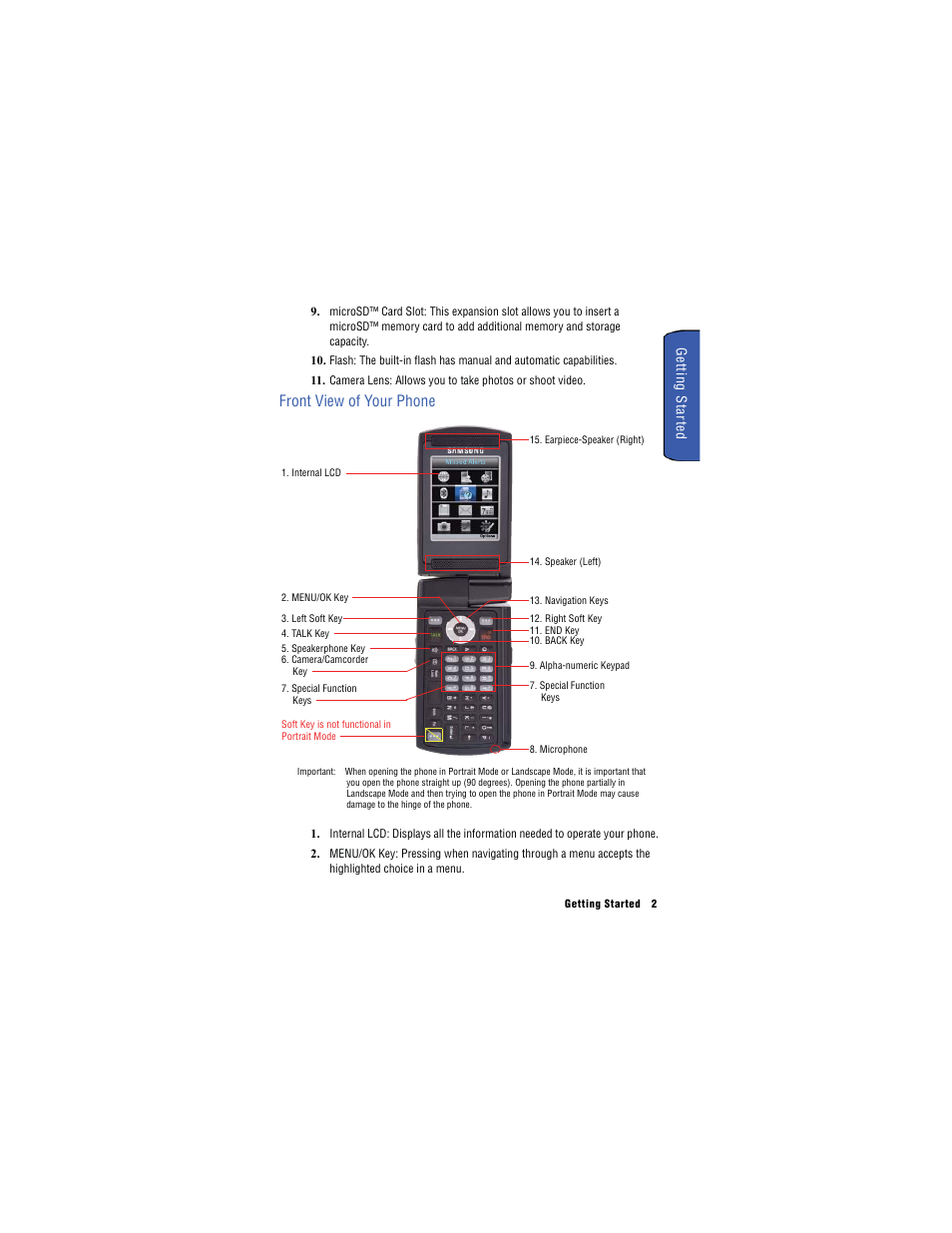 Front view of your phone | Samsung SH-u740 User Manual | Page 9 / 154