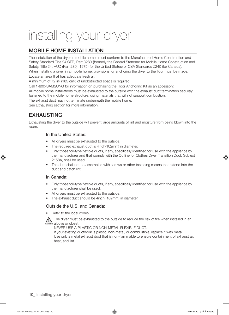Installing your dryer, Mobile home installation, Exhausting | Samsung DV438AGR User Manual | Page 10 / 76