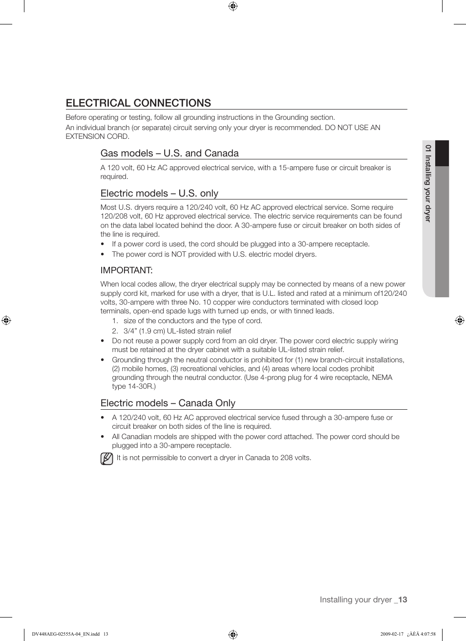 Electrical connections, Gas models – u.s. and canada, Electric models – u.s. only | Electric models – canada only | Samsung DV438AGR User Manual | Page 13 / 76