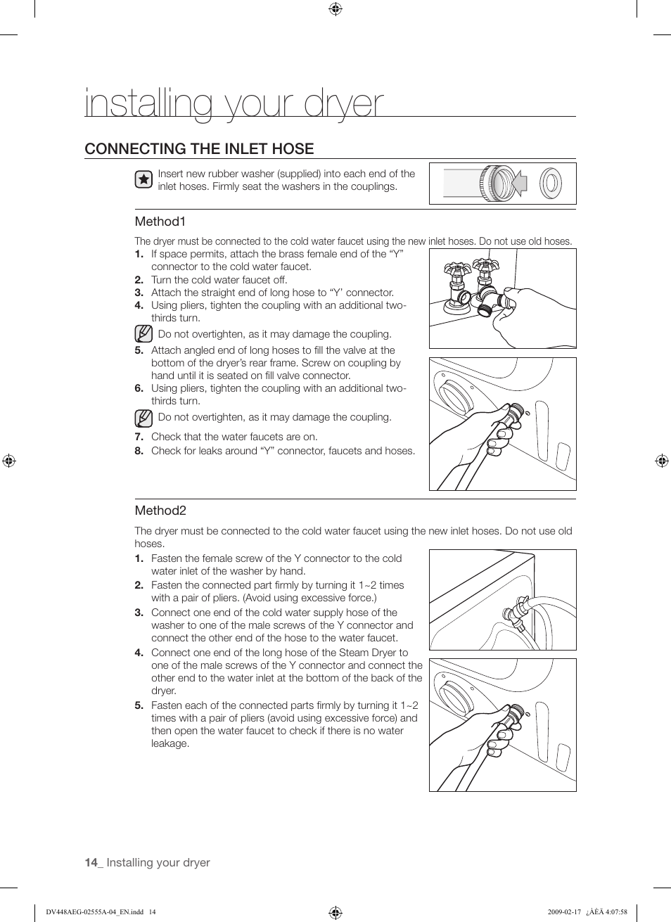 Installing your dryer, Connecting the inlet hose | Samsung DV438AGR User Manual | Page 14 / 76