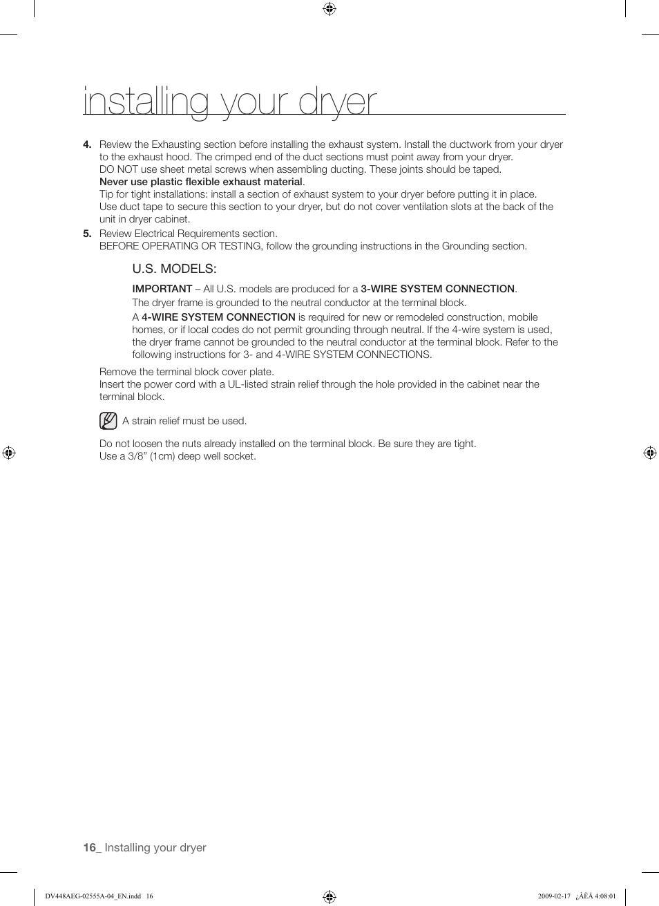 Installing your dryer | Samsung DV438AGR User Manual | Page 16 / 76