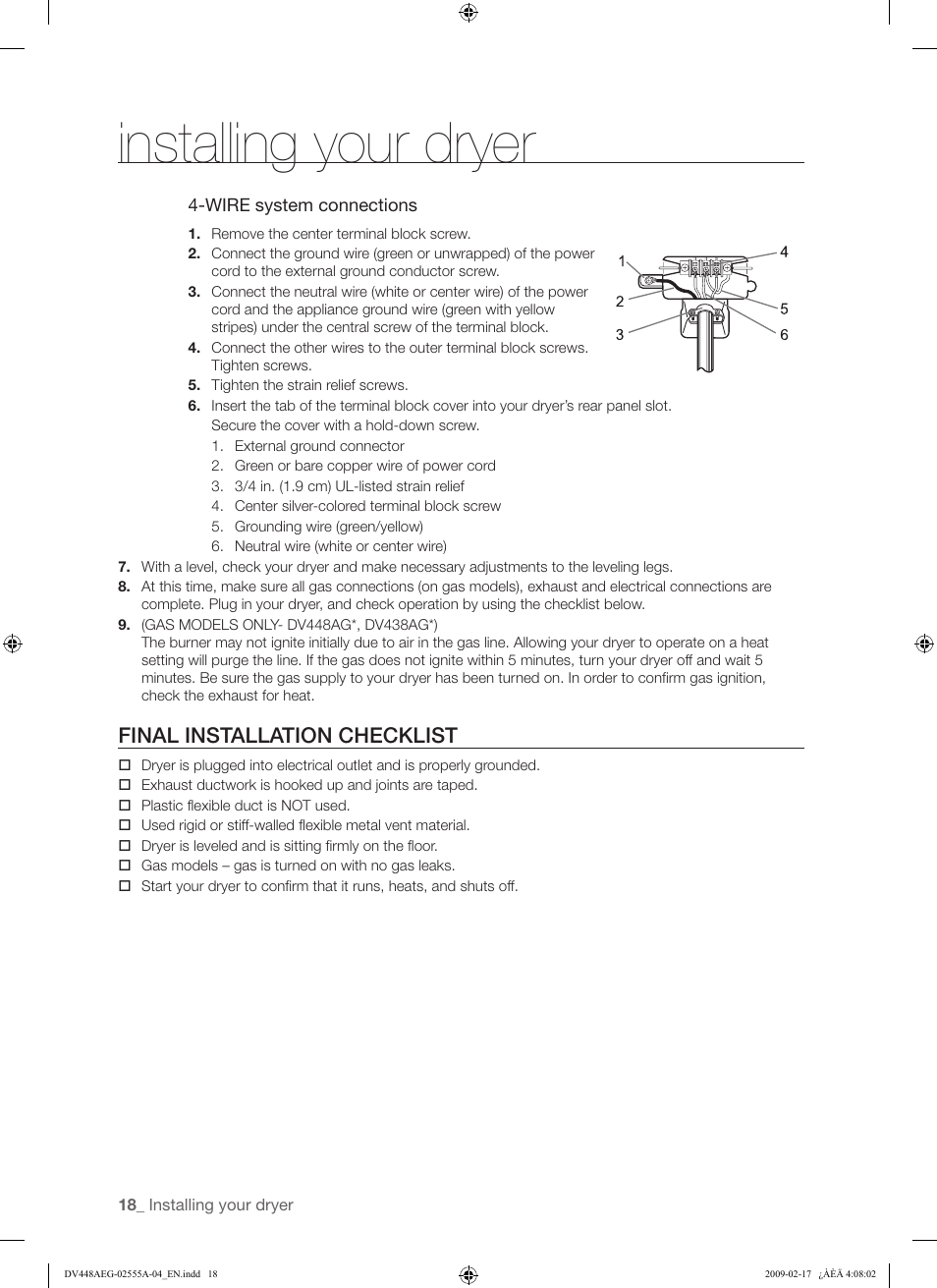 Installing your dryer, Final installation checklist | Samsung DV438AGR User Manual | Page 18 / 76